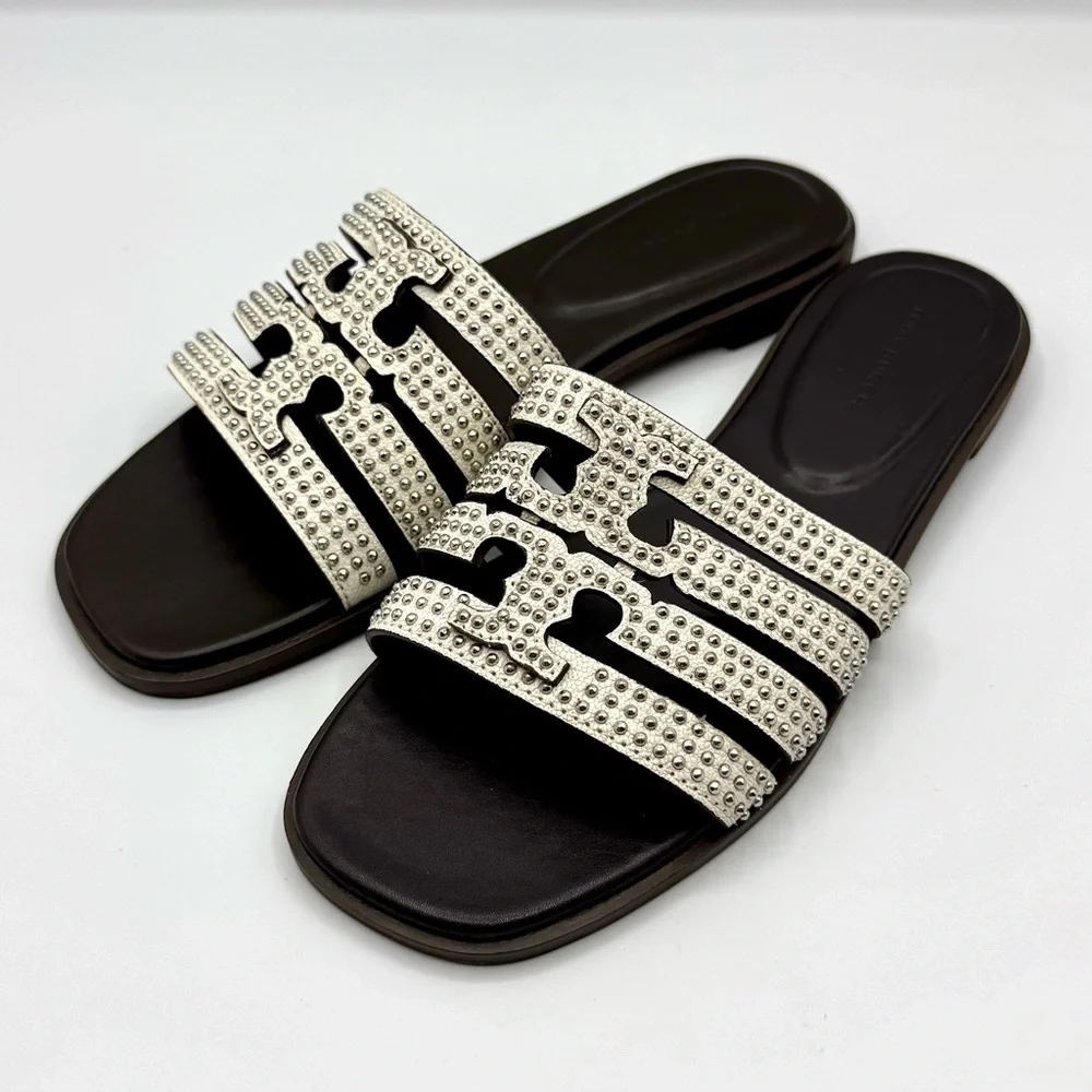 Tory Burch Ines Leather Studded White Slide Flat Sandal Shoe Women’s 6